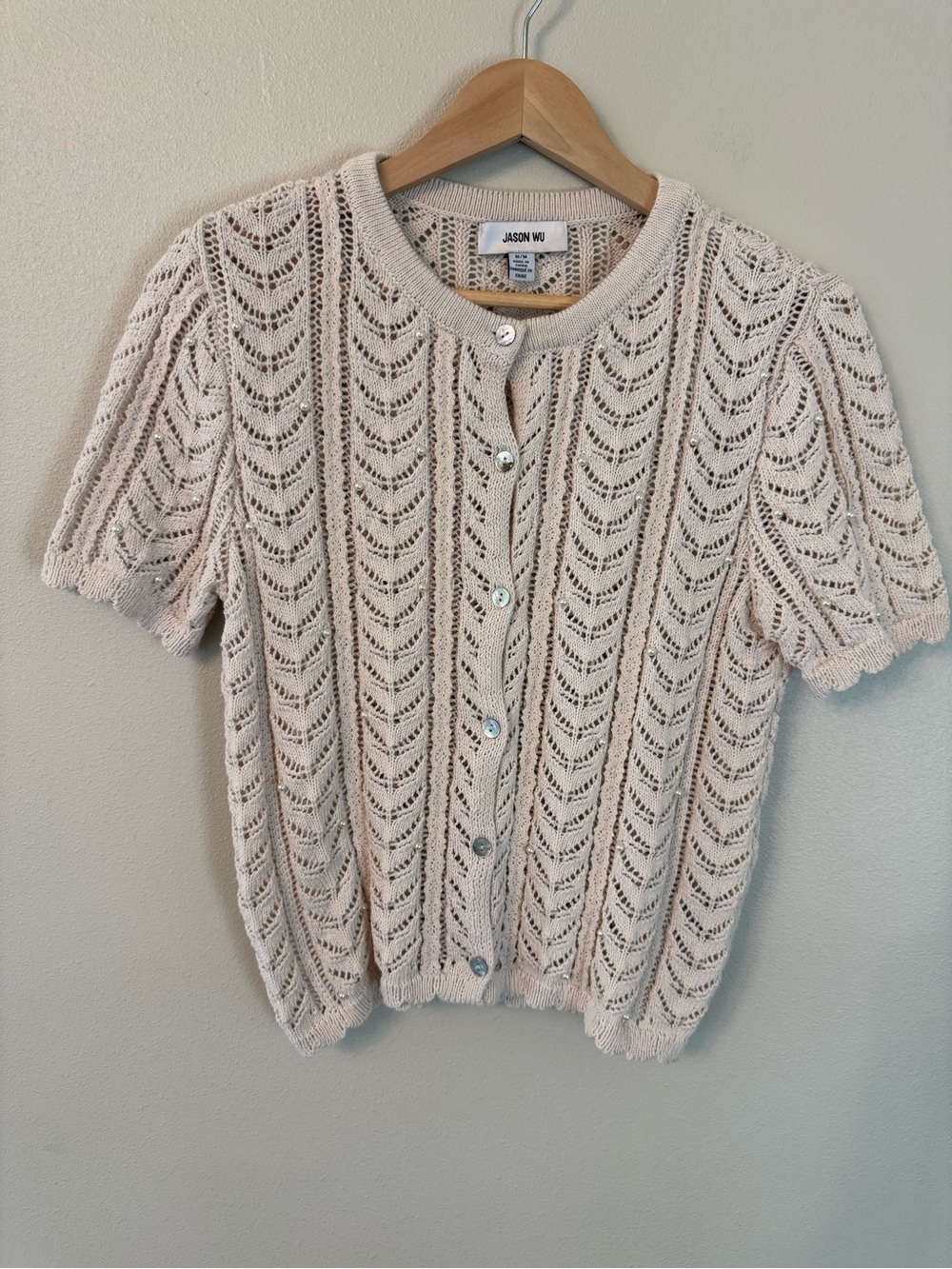Jason Wu Pearl Pointelle Lace Cardigan Sweater Beige Scallop Short Sleeve M - Picture 4 of 9